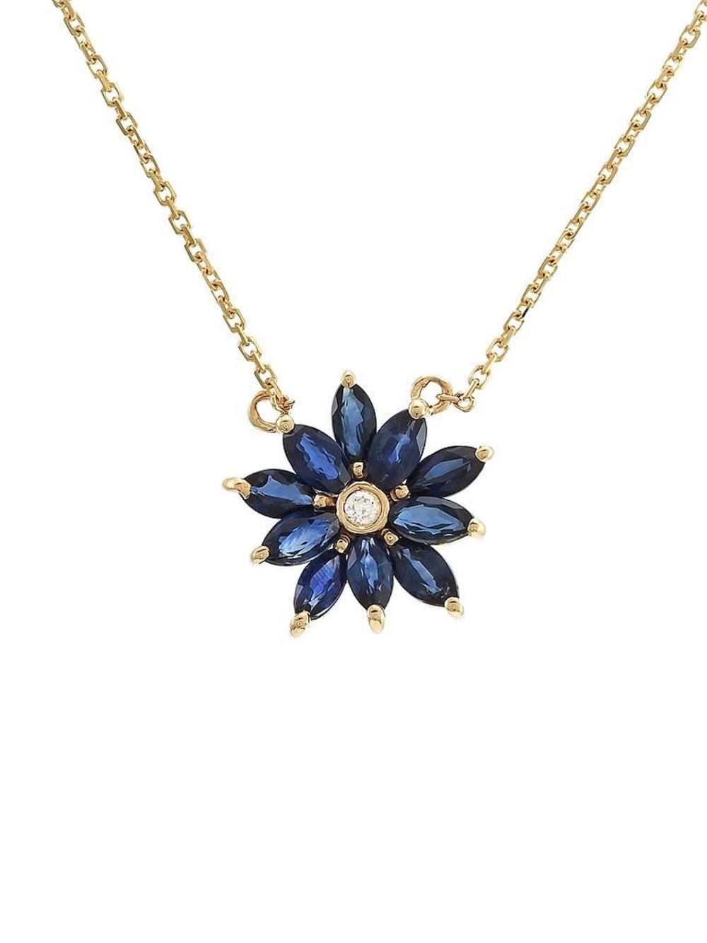 14K Real Yellow Gold Flower Marquise Prong Sapphire Necklace 16+2″